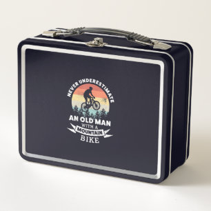 old man with a mountain bike mtb metal lunch box