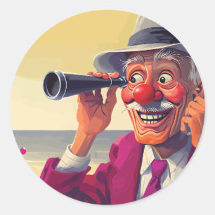 Old Man with Spyglass on the Beach, Funny Classic Round Sticker