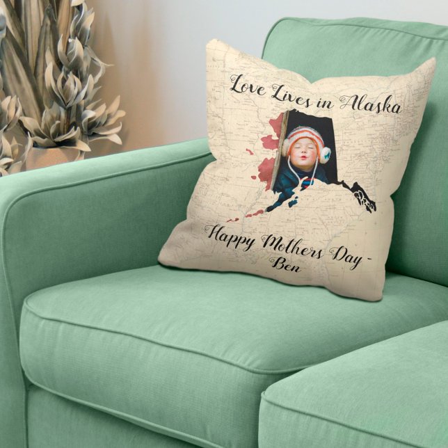 Old Map Love Lives In Alaska State Shaped Photo Cushion (Creator Uploaded)
