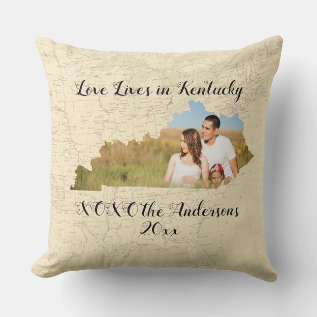Old Map Love Lives In Kentucky State Shaped Photo Cushion (Front)