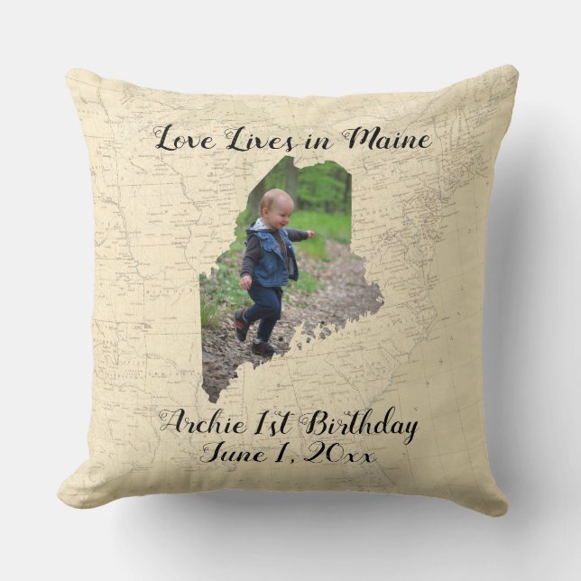 Old Map Love Lives In Maine State Shaped Photo Cushion (Front)