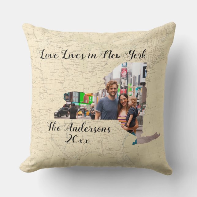 Old Map Love Lives In New York State Shaped Photo Cushion (Front)