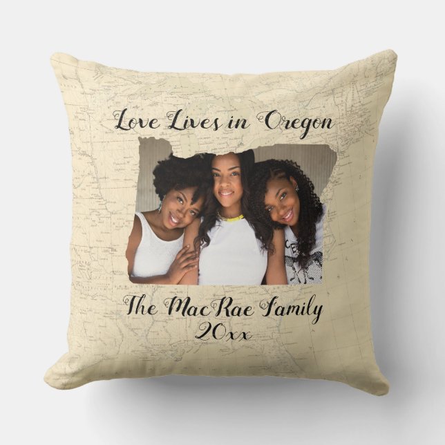 Old Map Love Lives In Oregon State Shaped Photo Cushion (Front)