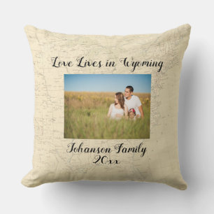 Old Map Love Lives In Wyoming State Shaped Photo Cushion