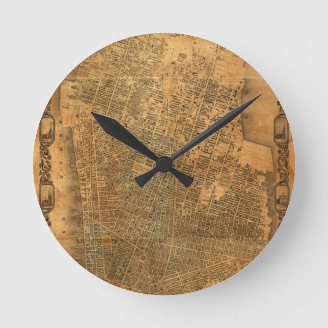 Old Map of New York City in 1852 Round Clock (Front)