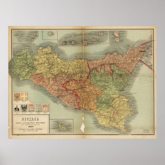 Old Map of Sicily from 1900 (Sicilia carta) Poster (Front)