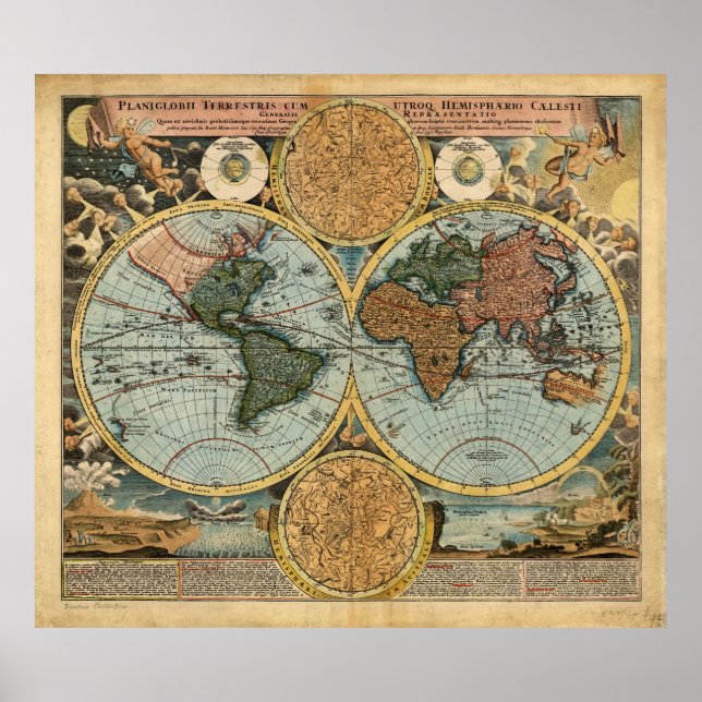 Old Map of the World 1716 Mediaeval poster print (Front)
