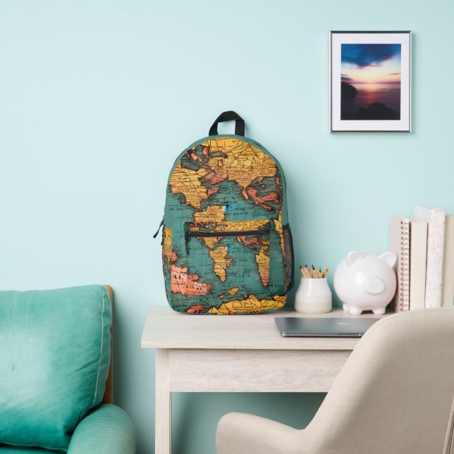 Old Map of the World Eco-Friendly Printed Backpack (Insitu)