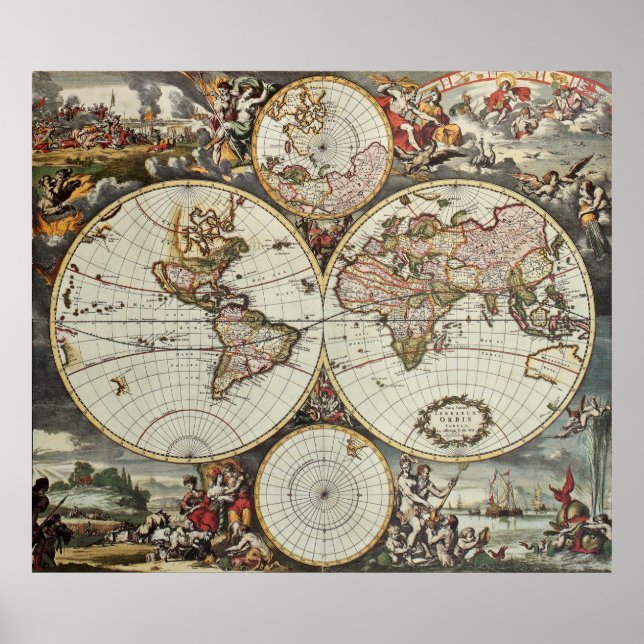 Old map of world hemispheres. Created by Frederick Poster (Front)