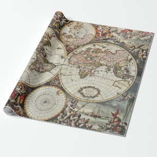 Old map of world hemispheres. Created by Frederick Wrapping Paper