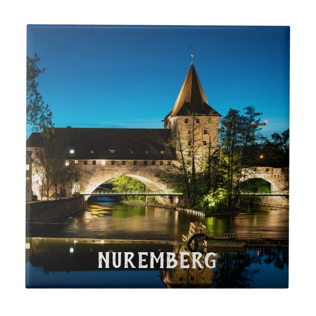 Old medieval bridge at night in Nuremberg Ceramic Tile (Front)