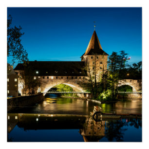 Old medieval bridge at night in Nuremberg Poster