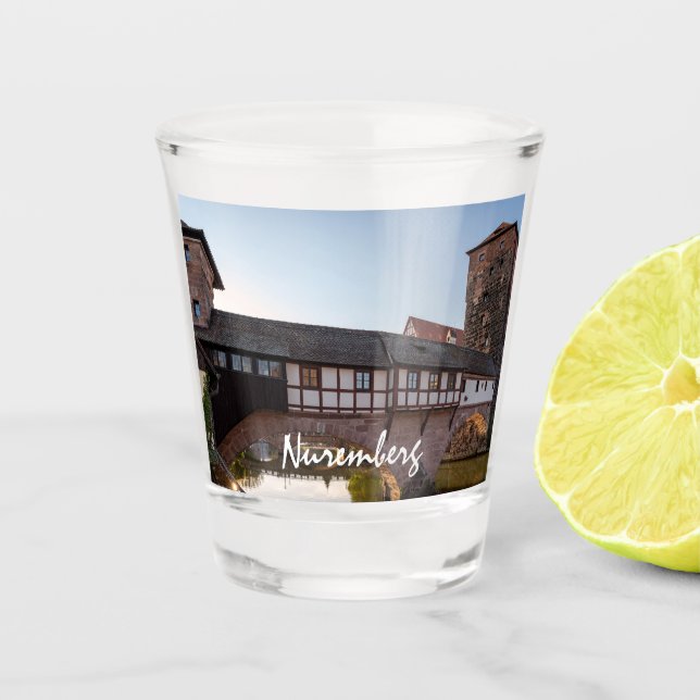 Old medieval bridge in Nuremberg, Germany Shot Glass (Front)