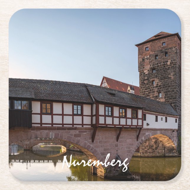 Old medieval bridge in Nuremberg, Germany Square Paper Coaster (Front)
