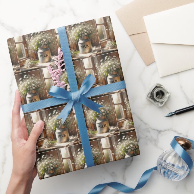 Old Milk Can with Daisy Bouquet Wrapping Paper (Gifting)