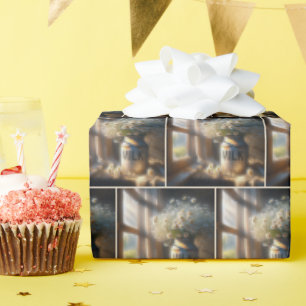 Old Milk Can with Daisy Bouquet Wrapping Paper