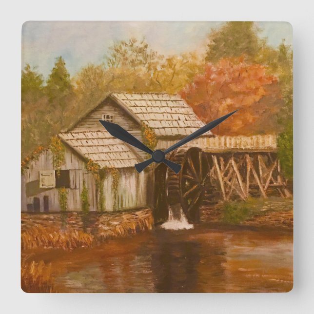 Old Mill In Autumn Square Wall Clock (Front)