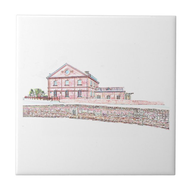 Old Mill Red Bricks Architecture Sketch Ceramic Tile (Front)