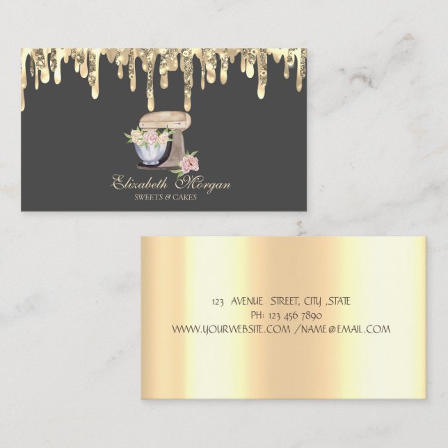 Old Mixer Flowers Gold Drips Bakery Business Card (Front/Back)