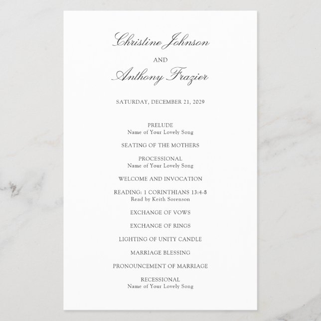 Old Money Black and White Classic Wedding Program Flyer (Front)