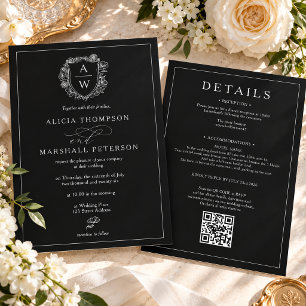 Old Money Black Floral Crest Qr Wedding All in one Invitation