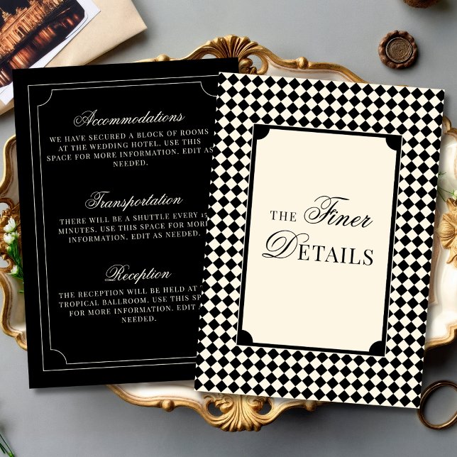 Old Money Black Ivory Checkered Wedding Details Enclosure Card (Creator Uploaded)