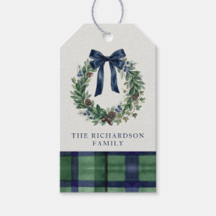 Old Money Black Watch Tartan Wreath Christmas Gift Tags