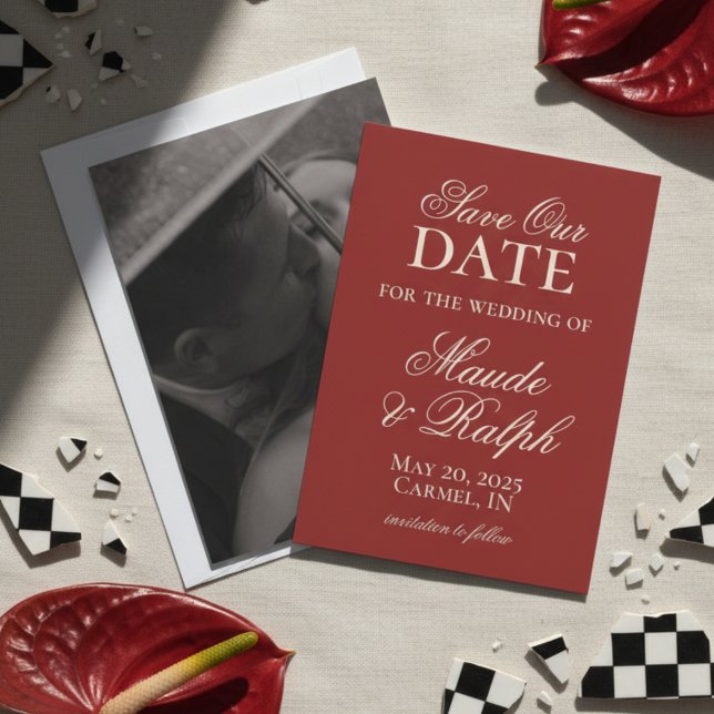 Old Money Bold Red Photo Wedding Save the Date (Luxury Classic Red Wedding Suite Theme with options to personalize for your special day!)