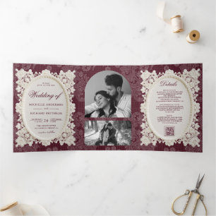 Old Money Burgundy Ivory Doily Lace Wedding Tri-Fold Invitation