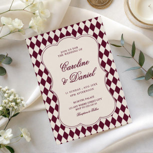 Old money burgundy pattern wedding invitation
