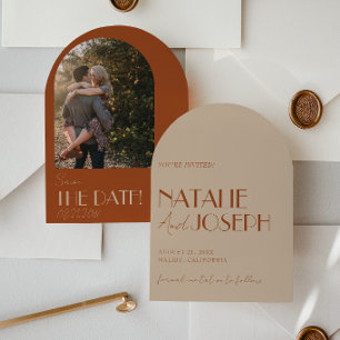 Old Money Burnt Orange Gold Arched Photo Wedding Save The Date