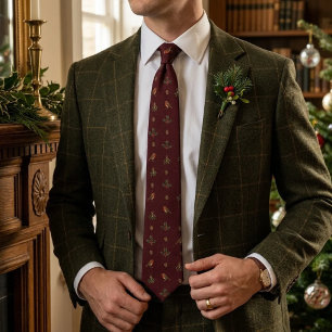 Old Money Christmas Robin Holly Burgundy Tie