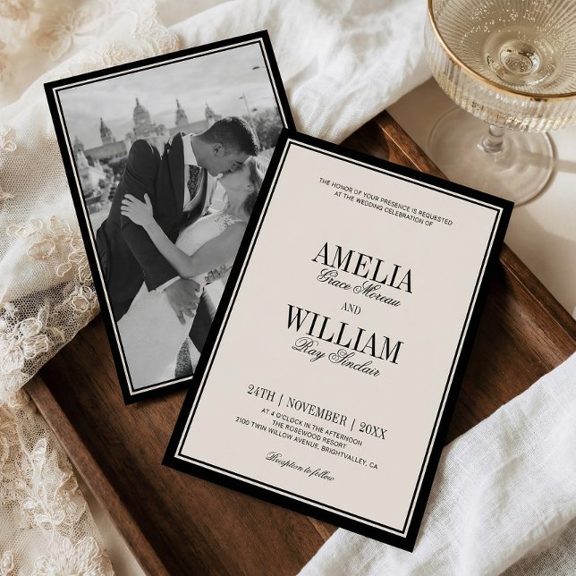Old Money Classic Luxury Black Cream Photo Wedding Invitation (Creator Uploaded)