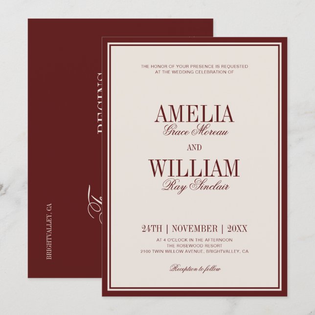 Old Money Classic Luxury Burgundy Wedding Invitation (Front/Back)
