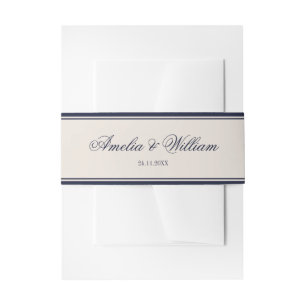 Old Money Classic Luxury Navy Blue Cream Wedding Invitation Belly Band