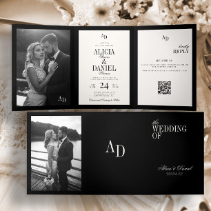 Old money classic retro 2 photo all in one wedding Tri-Fold invitation
