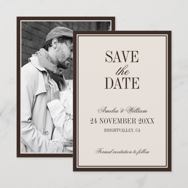 Old Money Classy Timeless Brown Cream Wedding Save The Date (Front/Back)