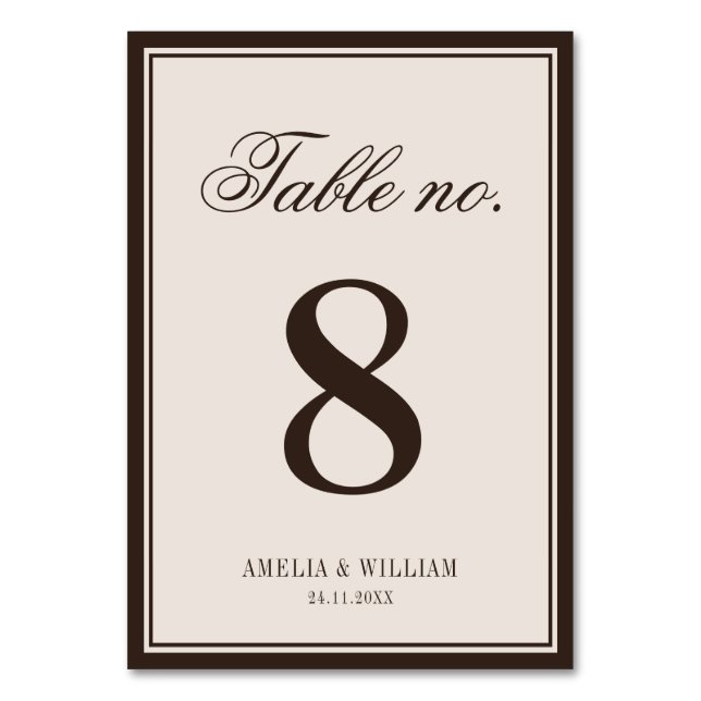 Old Money Classy Timeless Brown Cream Wedding Table Number (Front)