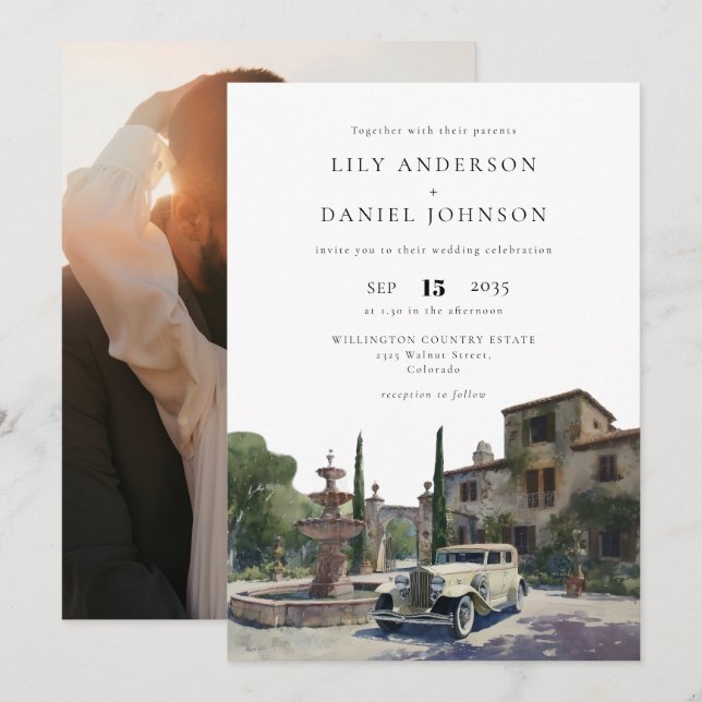 Old Money Country Estate Photo Wedding Invitation (Front/Back)