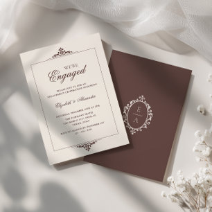 Old Money Crest Espresso Brown We're Engaged Party Invitation