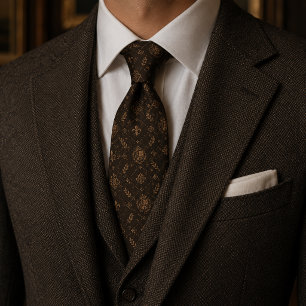 Old Money Dark Brown Gold Fleur de Lis Heraldic Tie
