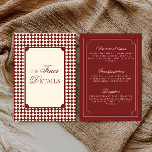 Old Money Deep Red Ivory Checkered Wedding Details Enclosure Card