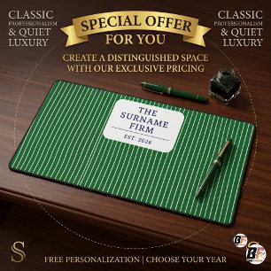 Old Money Green Pinstripe Custom Business Name Desk Mat