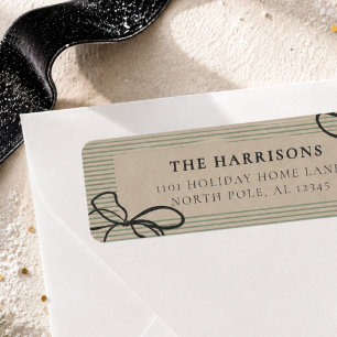 Old Money Green Stripe Hand Drawn Bow Christmas Return Address Label
