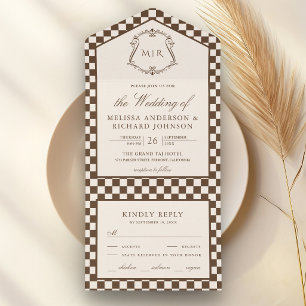 Old Money Ivory Brown Chequered Monogram Wedding All In One Invitation