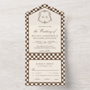 Old Money Ivory Brown Chequered Monogram Wedding All In One Invitation