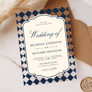 Old Money Ivory Navy Blue Chequered Wedding Acrylic Invitations