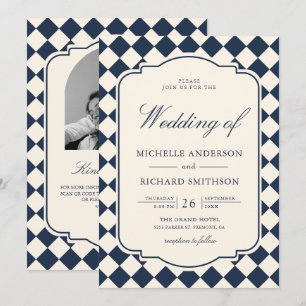 Old Money Ivory Navy Blue Chequered Wedding Invitation
