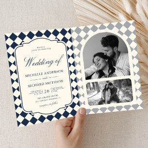 Old Money Ivory Navy Blue Chequered Wedding Invitation