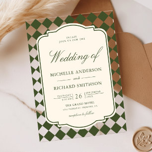 Old Money Ivory Olive Green Chequered Wedding Acrylic Invitations